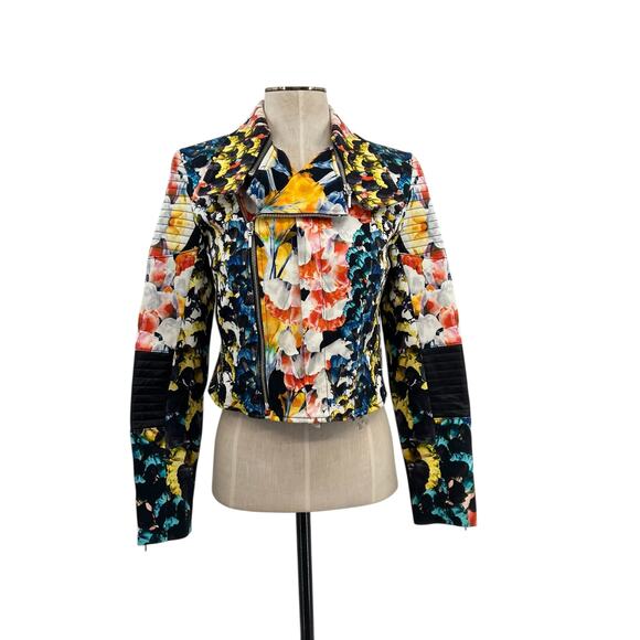 NICHOLAS Jackets & Blazers - Nicholas Digi Floral Moto Jacket Cotton Blend Leather Trim Multicolor US 4